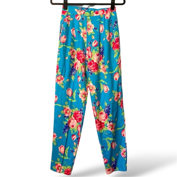 Adrienne Vittadini Pants - Vintage Adrienne Vittadini 100% Silk Floral Pants Size 6 Turquoise Blue Pleated